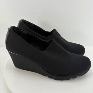 Donald J Pliner Black Fabric Leather w Rubber High Heel Wedge Booties Size 7.5 M